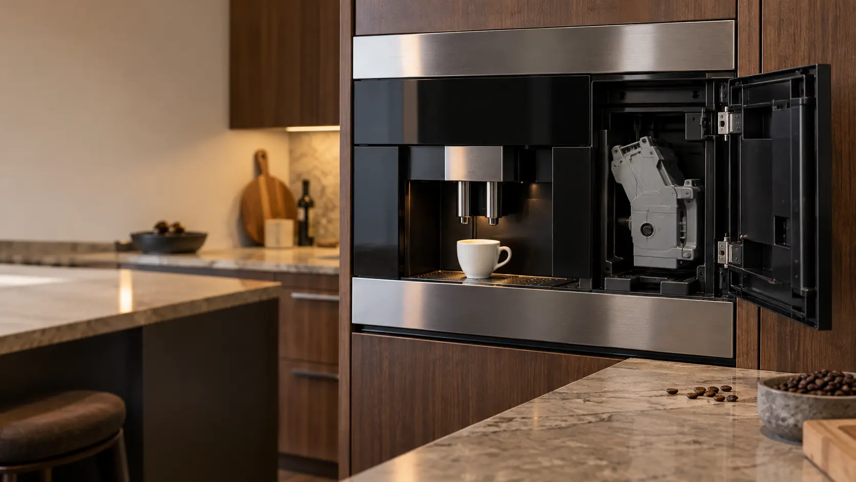 The side service door of a stainless built-in coffee machine standing open in a tall kitchen cabinet, the gray plastic brew unit visible inside set back in its bay, a white cup under the spouts of the coffee machine and a few coffee beans on the shelf.