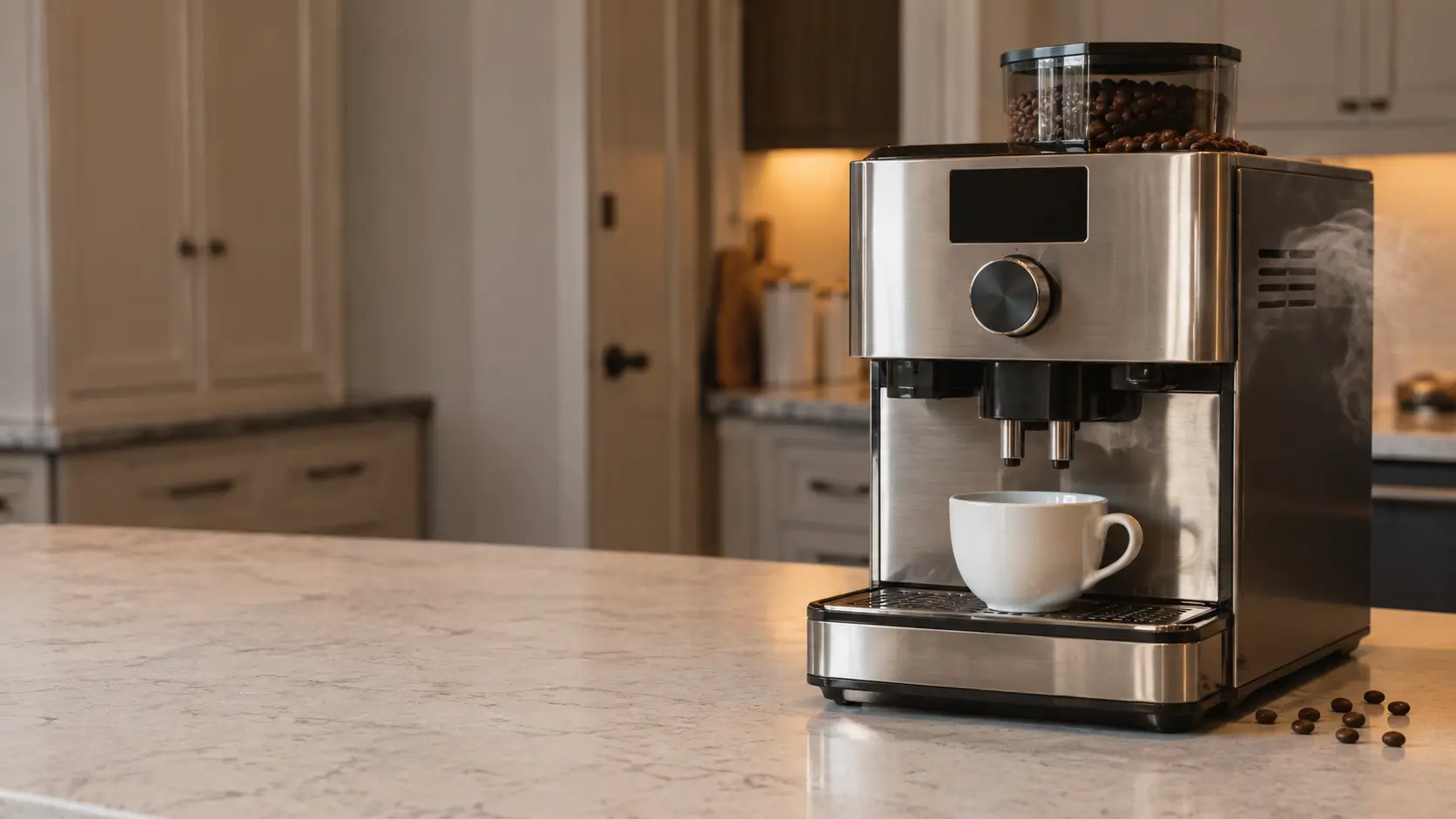 A countertop bean-to-cup coffee machine in brushed stainless on a pale stone counter, a faint gray haze drifting from the vents at the side of the coffee machine, an empty white cup under its spouts and a few coffee beans scattered by the hopper.