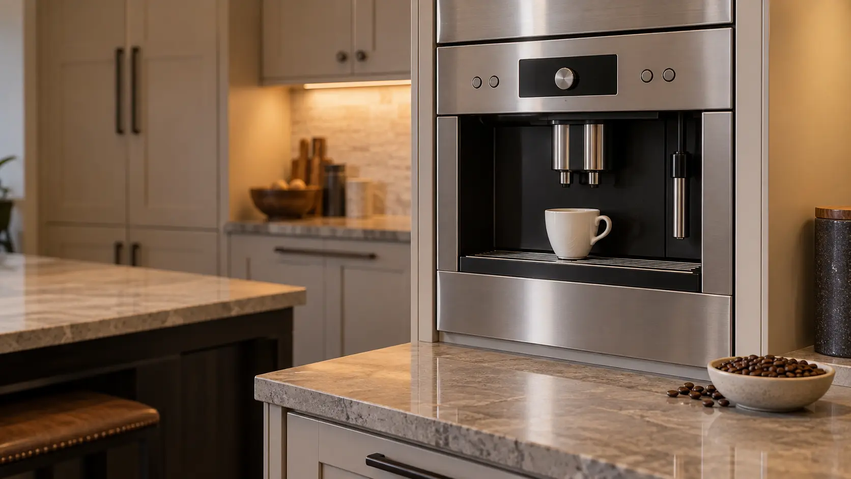 A white espresso cup with no steam rising from it sitting under the spouts of a stainless built-in coffee machine set in a tall kitchen cabinet, a small dish of coffee beans on the shelf beside the coffee machine.