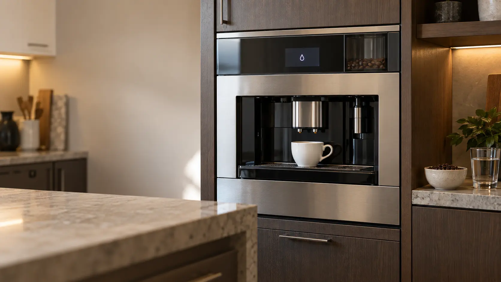 The front of a stainless built-in coffee machine in a tall kitchen cabinet with a single plain droplet symbol glowing on its dark display, a white cup under the spouts of the coffee machine, a small bowl of coffee beans and a clear glass of water on the shelf beside it.