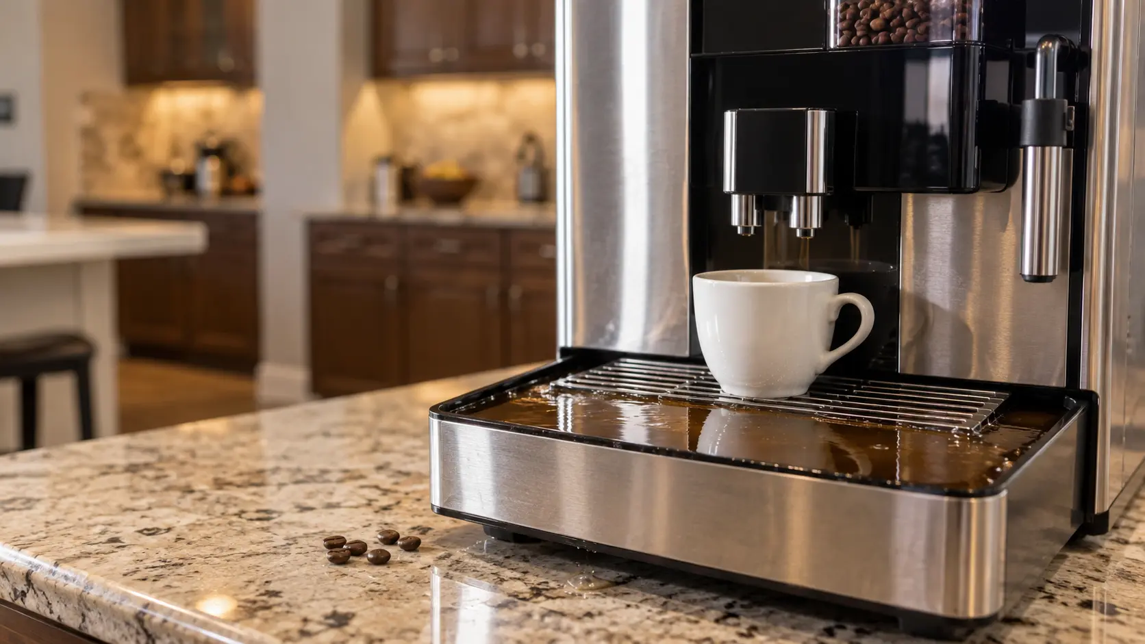 Close view of the drip tray of a stainless countertop coffee machine brimming with brown rinse water, a white cup on the grille under the spouts of the coffee machine, a few coffee beans on the stone counter in front.