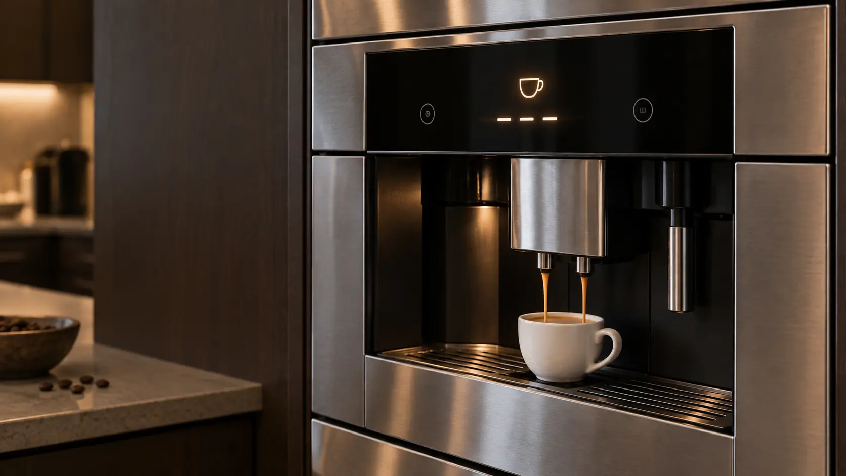 Close view of the dark display and touch keys on the front of a stainless built-in coffee machine set in a tall kitchen cabinet, one abstract symbol glowing and a few plain lit segments, a white cup under the spouts of the coffee machine at the lower edge and a few coffee beans on the shelf.
