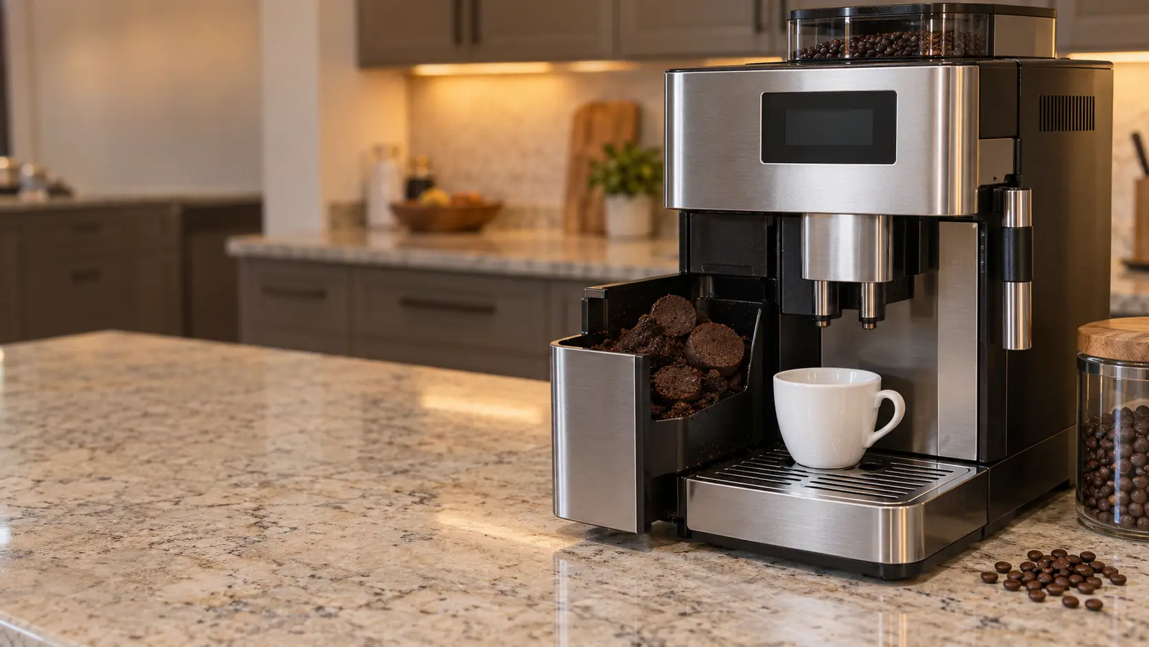 The grounds container of a stainless countertop coffee machine pulled halfway out and packed with dark used coffee pucks, the drip tray below it, a white cup under the spouts of the coffee machine and a handful of fresh coffee beans on the stone counter.