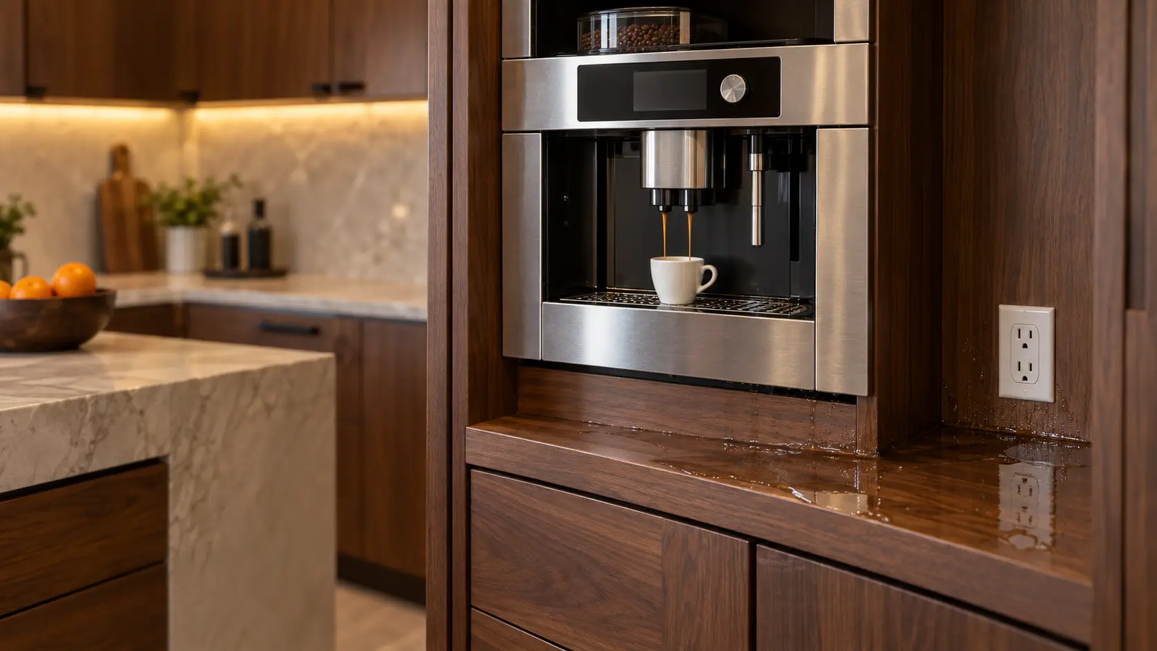 A stainless built-in coffee machine set flush in a tall walnut kitchen cabinet, a white cup under its two spouts, a thin sheet of water spreading across the cabinet shelf below the coffee machine toward a wall outlet.