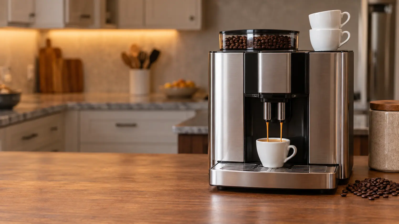 A stainless countertop coffee machine on a wooden counter mid-brew, a thin stream of espresso running from its spouts into a white cup, two empty cups stacked on top of the coffee machine and a small pile of coffee beans beside it.