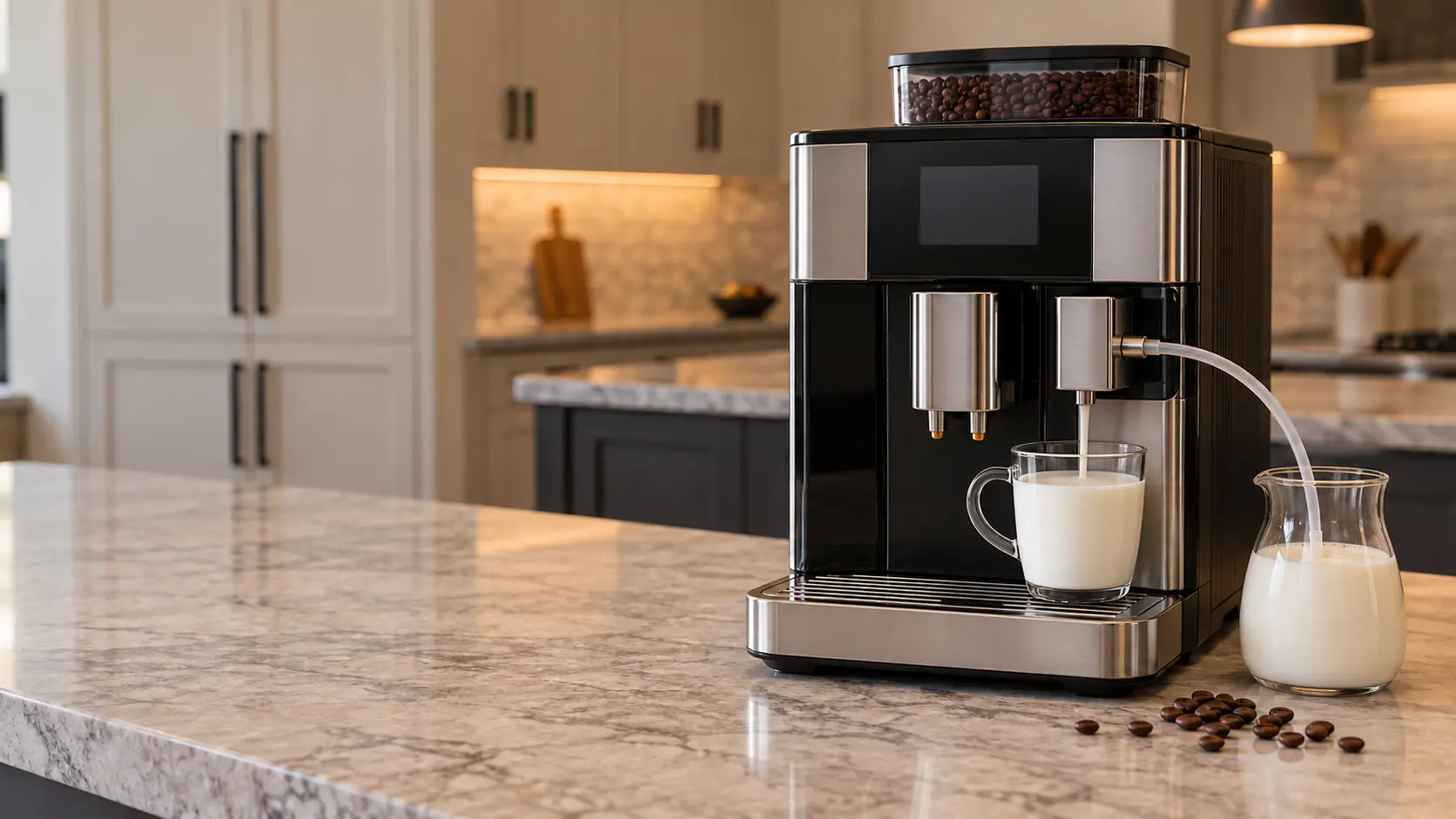 A glass cup of flat hot milk with no foam under the milk spout of a stainless countertop coffee machine, a clear milk tube running into a small glass milk jug beside the coffee machine, a few coffee beans on the counter.