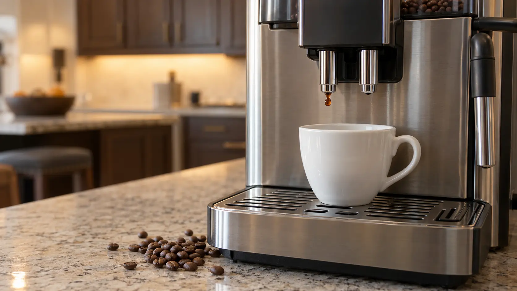 Close view of the two chrome spouts of a stainless countertop coffee machine above an empty white cup, a single drop hanging from one spout, a scatter of coffee beans on the stone counter beside the coffee machine.