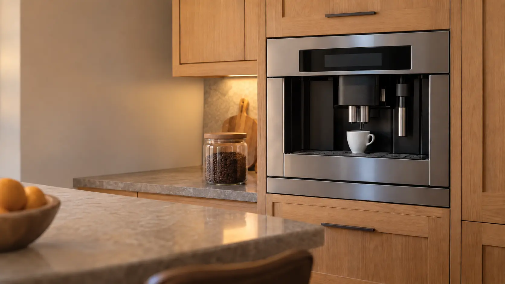 A stainless built-in coffee machine flush in a tall oak kitchen cabinet with its display fully dark, an empty white cup sitting under the idle spouts of the coffee machine, a glass jar of coffee beans on the counter nearby.