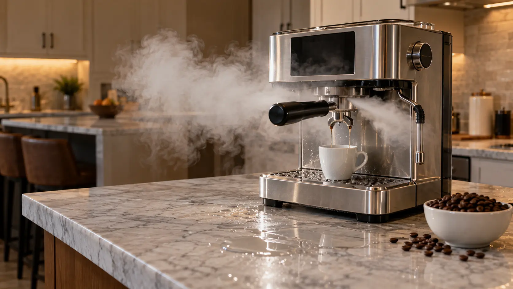 A stainless manual espresso coffee machine on a marble counter with a thick plume of white steam jetting sideways from around its portafilter, a cup under the spouts, a small bowl of coffee beans beside the espresso coffee machine, the counter wet.
