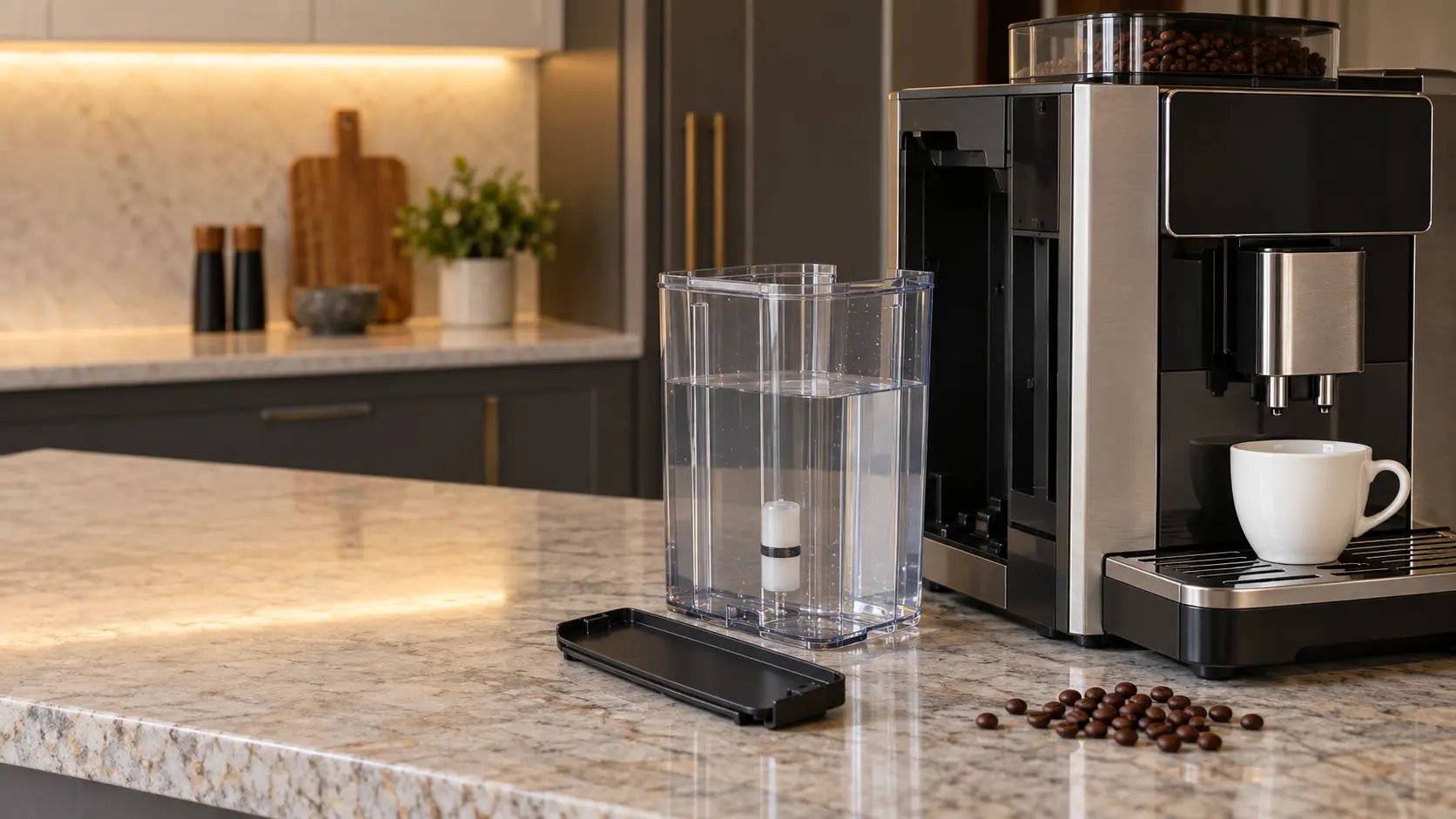 A clear water tank standing on a stone counter beside a stainless countertop coffee machine, its small float visible inside and its lid off, the empty tank bay at the side of the coffee machine, a white cup under the spouts and a handful of coffee beans nearby.