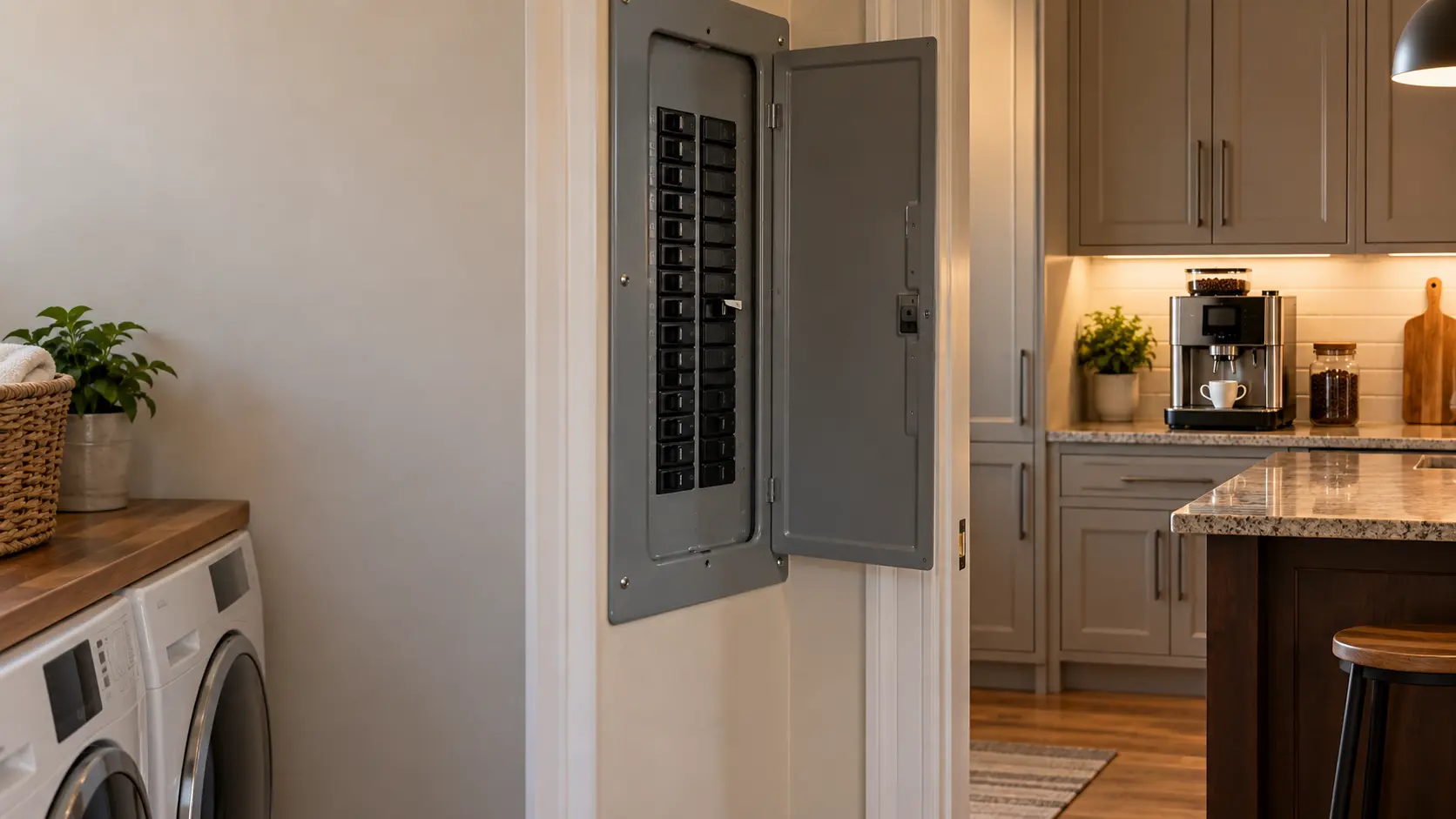 A home breaker panel with its door open in a laundry hallway, one breaker handle sitting in the tripped middle position, a stainless countertop coffee machine visible through the kitchen doorway beyond with its display dark and an empty cup under its spouts, a jar of coffee beans beside the coffee machine.