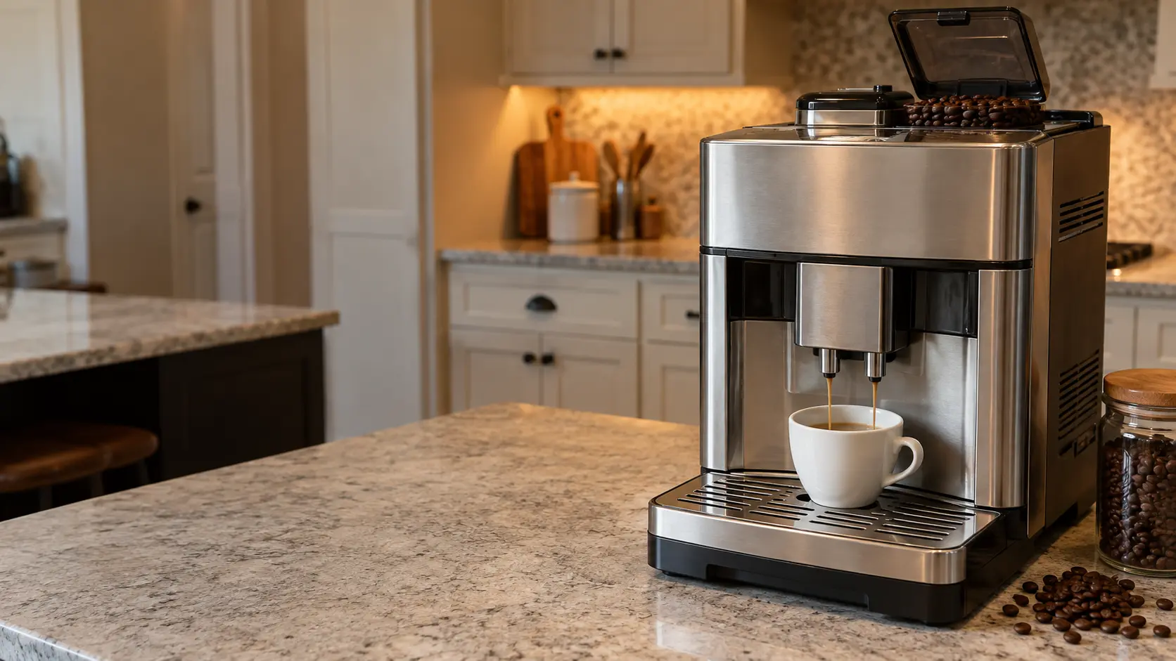 A white cup of pale, thin coffee with almost no crema sitting under the spouts of a brushed stainless countertop coffee machine, a small pile of coffee beans and an open bean hopper lid on the coffee machine.