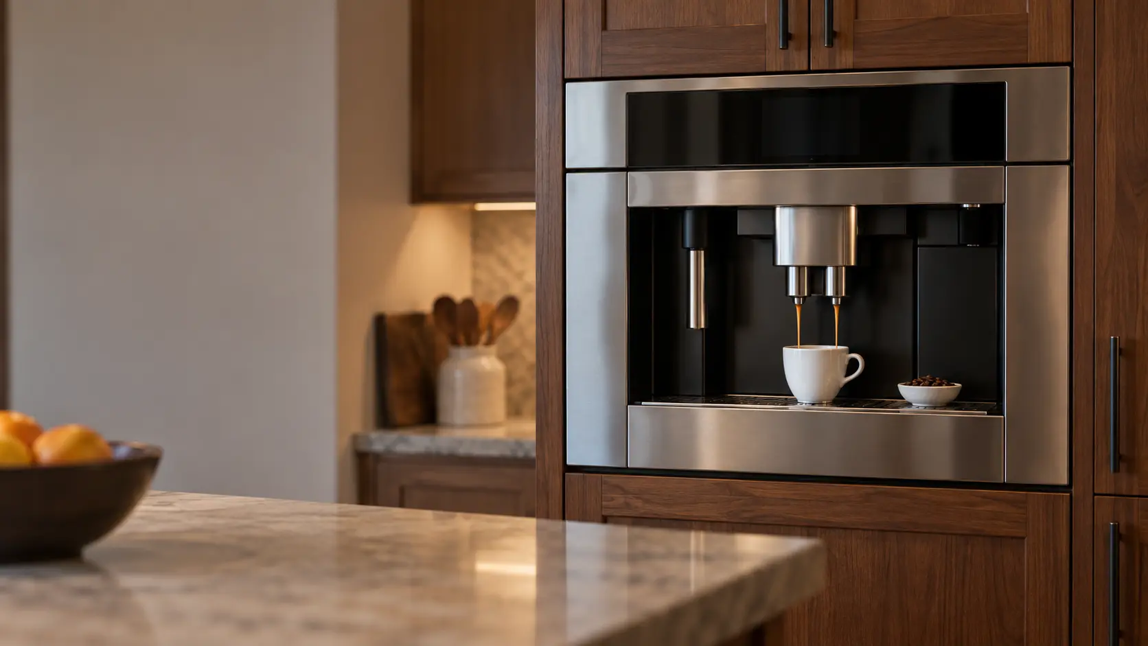 A stainless built-in coffee machine set flush in a tall wooden kitchen cabinet at eye level in a US home kitchen, a plain white cup standing under the coffee machine's twin spouts with a thin stream of espresso falling into it, a small dish of coffee beans on the ledge beside it, the coffee machine display dark or showing only plain digits, the cabinet doors around it closed.