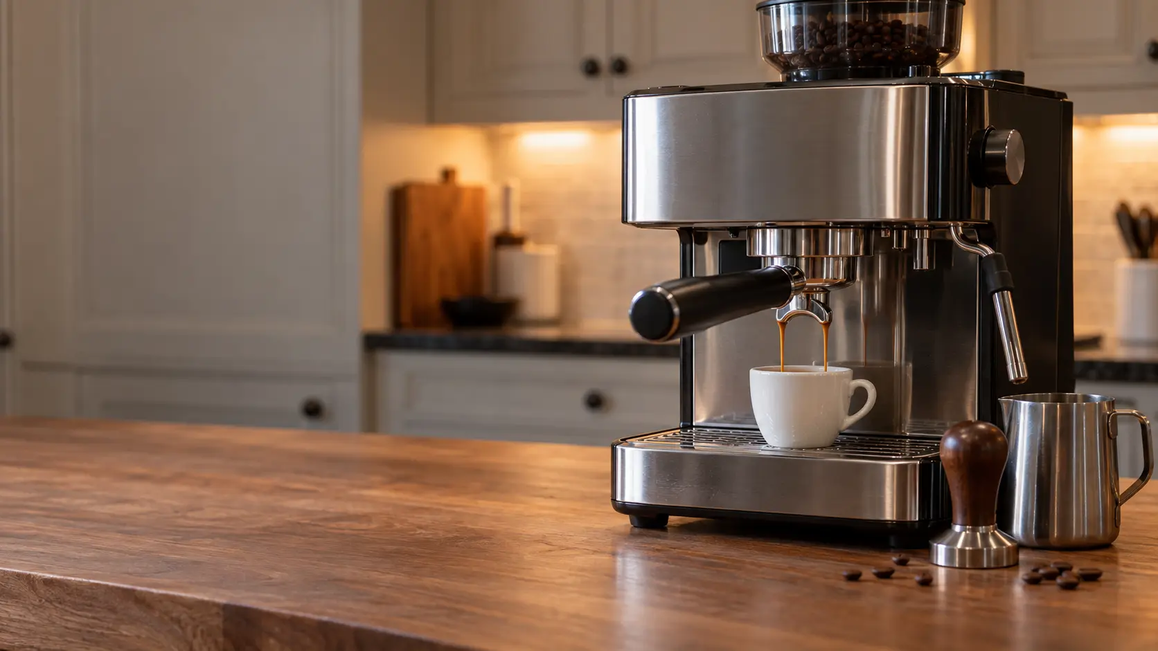A home manual espresso machine with a polished stainless portafilter locked into its group head, standing on a wooden kitchen counter in a US home, a small white espresso cup under the portafilter's spout with coffee pouring, a steel milk pitcher and a plain wooden-handled tamper beside the espresso machine, a few coffee beans on the counter.