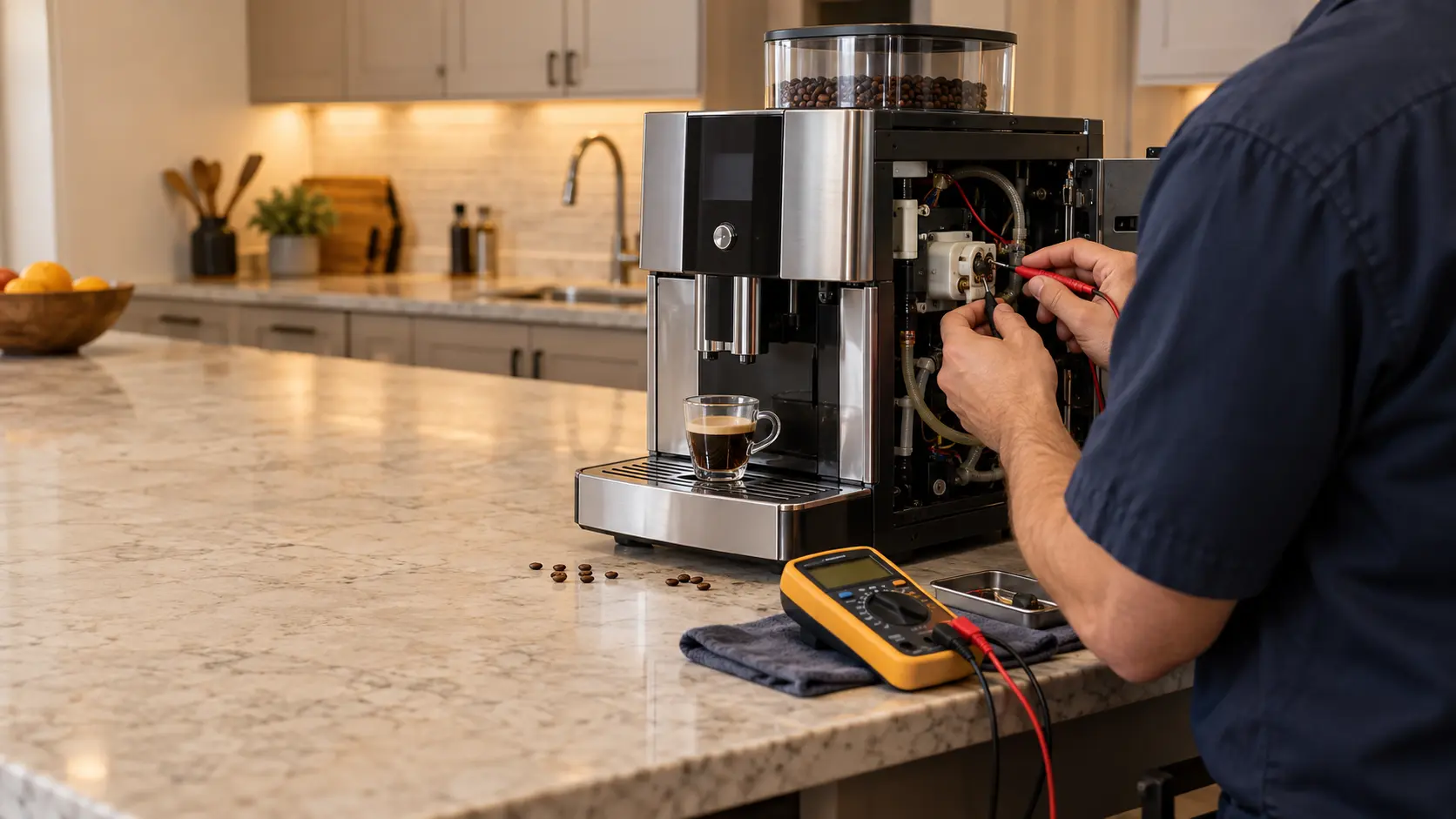 A repair technician in a plain navy work shirt at a workbench testing a coffee machine pump with multimeter probes, face turned away.