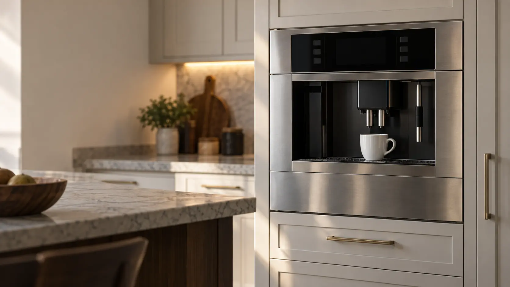 A stainless built-in coffee machine flush in a tall kitchen cabinet with its display and keys completely dark, morning light across the kitchen, an empty cup under the coffee machine's spouts.