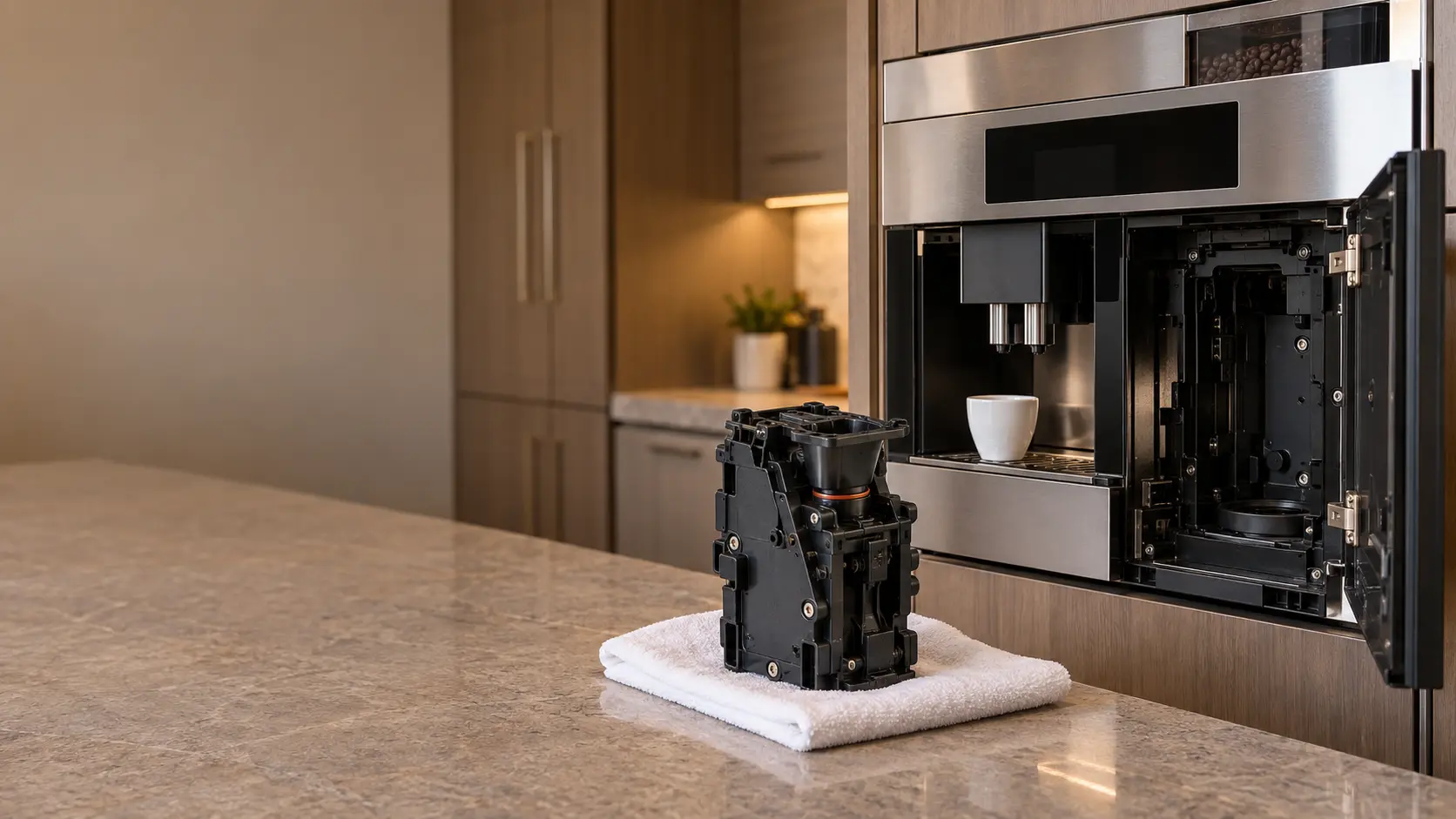 A removable coffee machine brew unit standing on a folded towel beside a stainless built-in coffee machine whose front door is open, the empty bay visible inside.