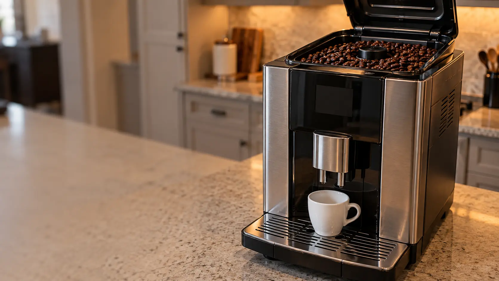 The open bean hopper on top of a countertop coffee machine, glossy dark beans heaped over the burrs, a plain cup under the coffee machine's spout.