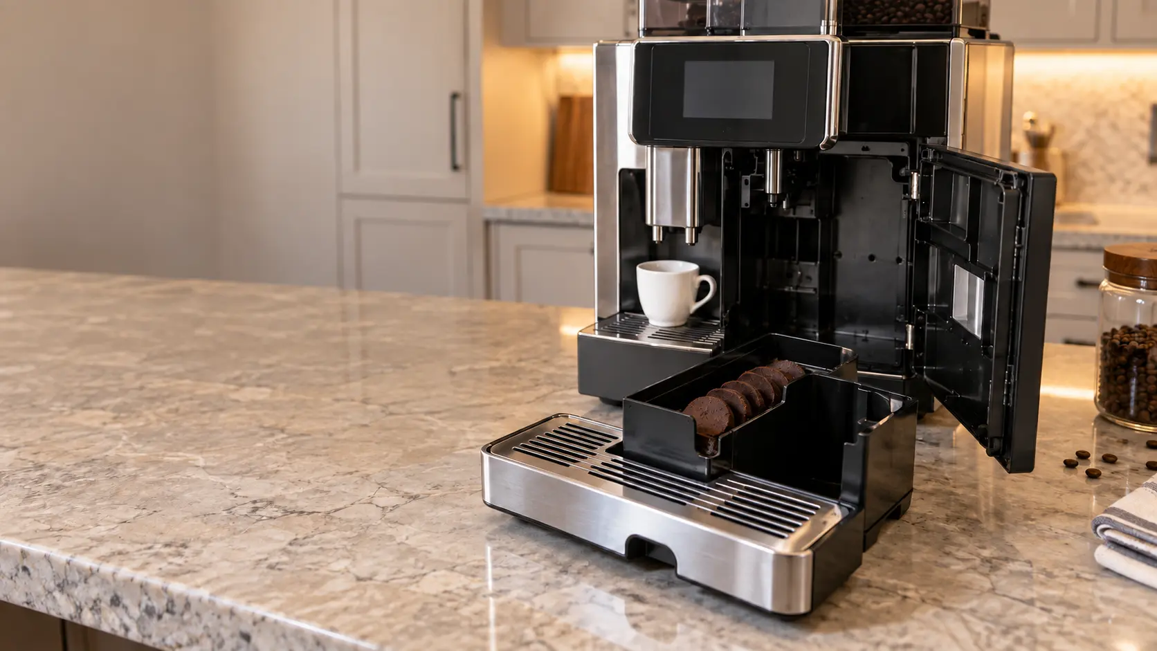The drip tray and grounds container of a coffee machine pulled forward on the counter, a row of pressed coffee pucks inside the container, the coffee machine's front standing open behind them.