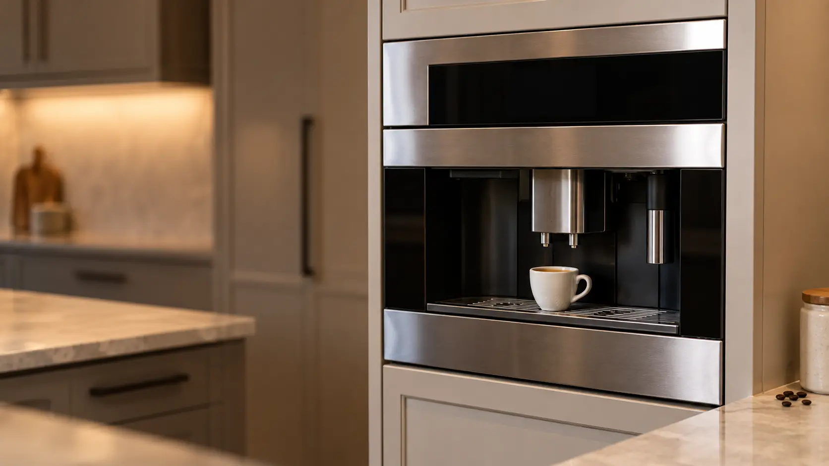 A plain white cup under the spouts of a stainless built-in coffee machine holding a short espresso with no steam rising from it, the coffee machine's display plain and unlit.