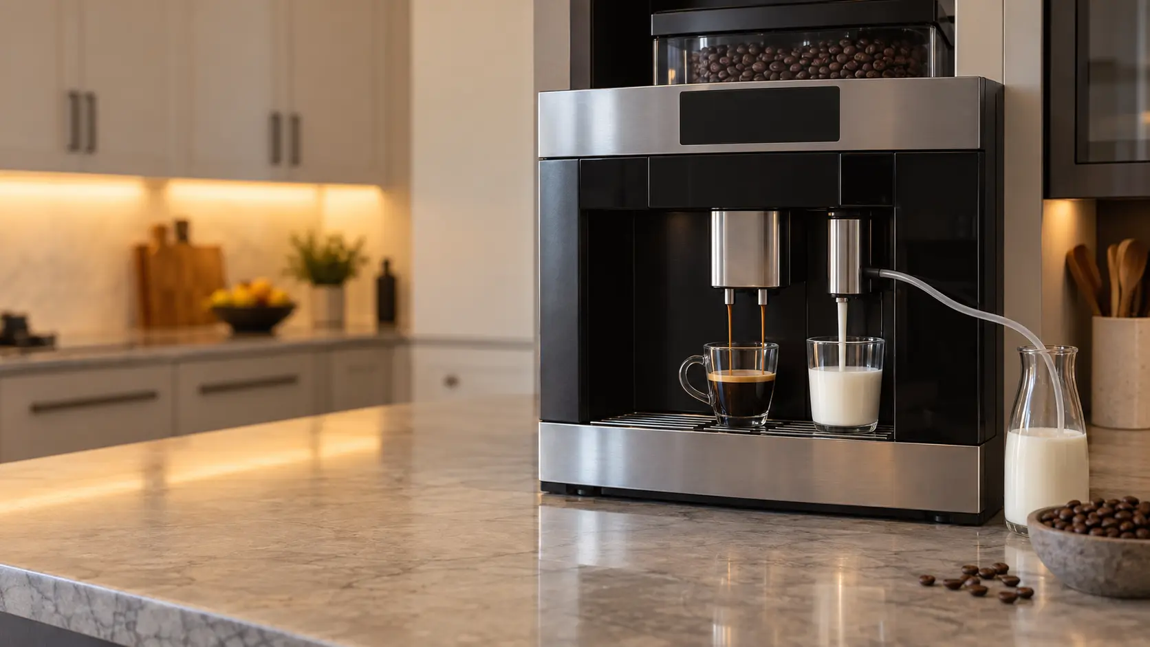 The milk spout of a built-in coffee machine over a glass cup of flat, unfoamed milk, a thin clear milk tube running from the coffee machine to a small glass jug beside it.
