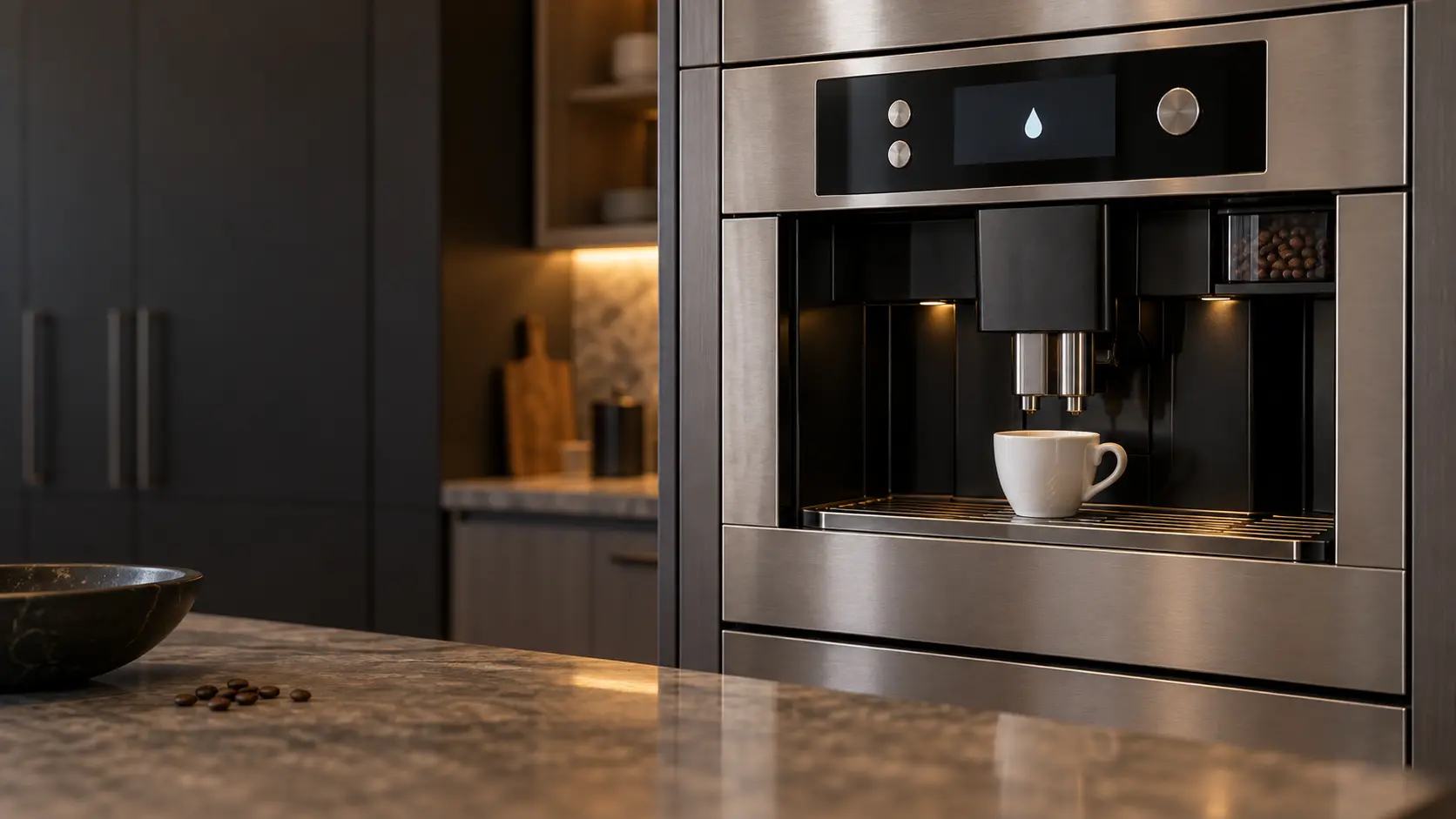 The display of a stainless built-in coffee machine showing a single plain droplet symbol beside its drink keys, a white cup waiting under the coffee machine's spouts.
