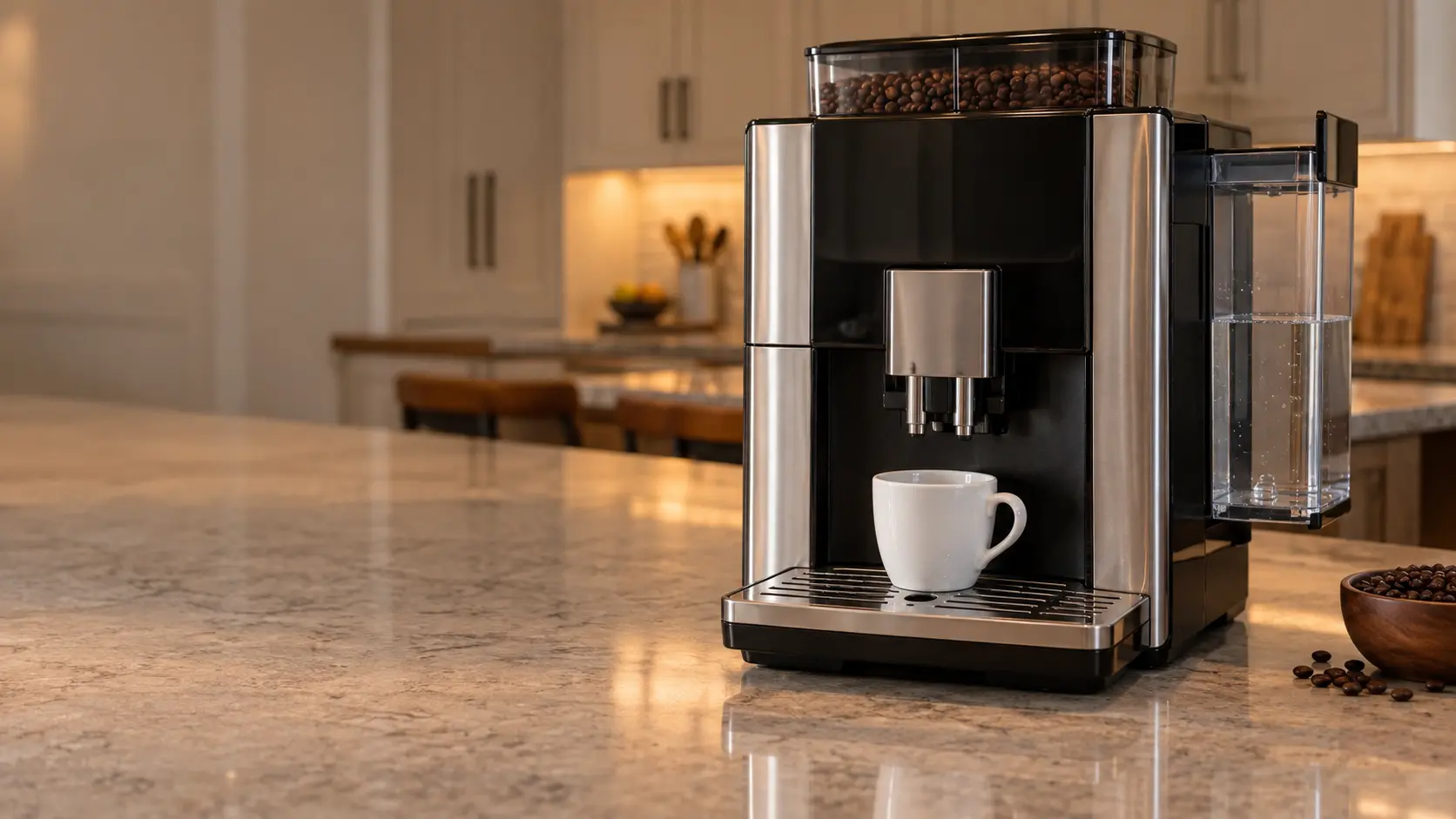 The water tank of a countertop bean-to-cup coffee machine lifted halfway out of its bay at the side of the coffee machine, clear water inside, a plain cup on the drip tray grille.