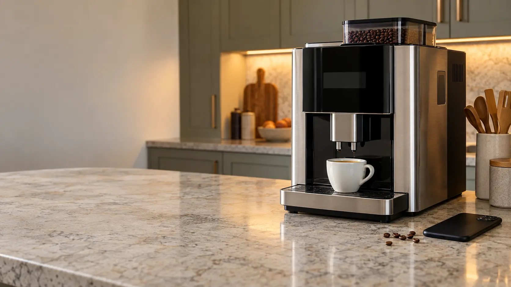 A kitchen counter with a phone lying face down beside a countertop coffee machine.