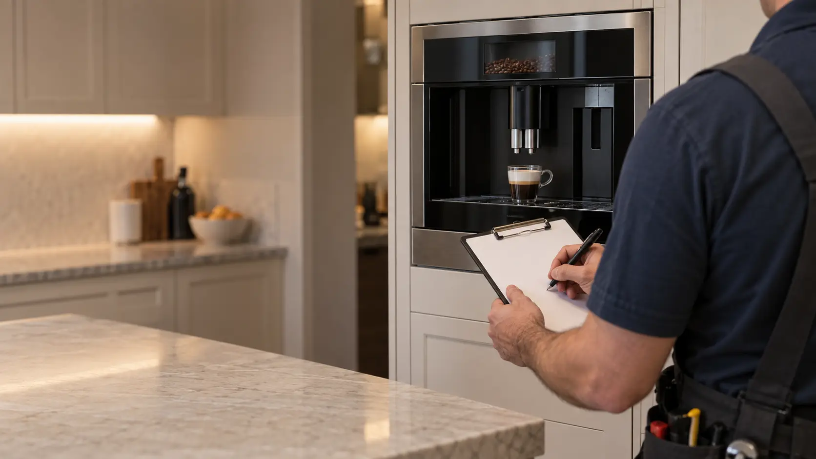 A technician writing on a blank clipboard in a kitchen beside a coffee machine, the page empty of any writing.