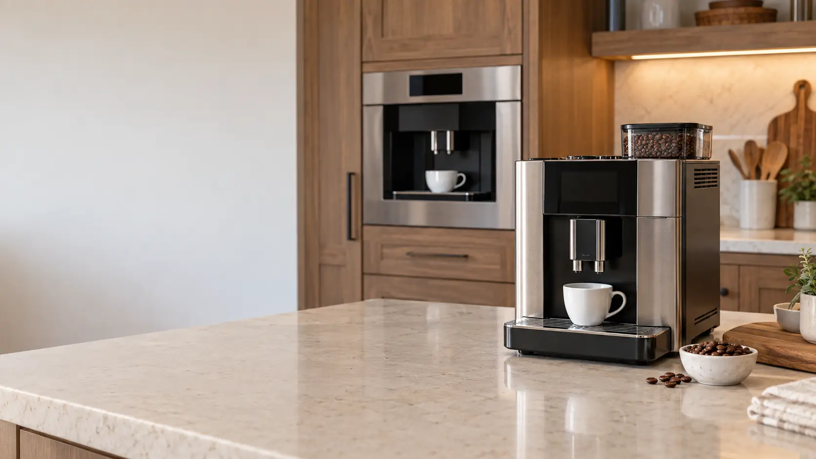 A bright US home kitchen with a stainless built-in coffee machine set flush in a tall wood cabinet on the left, a plain white cup under its spouts, and a countertop bean-to-cup coffee machine on a pale stone counter in the foreground with a small bowl of coffee beans beside it, both displays dark.