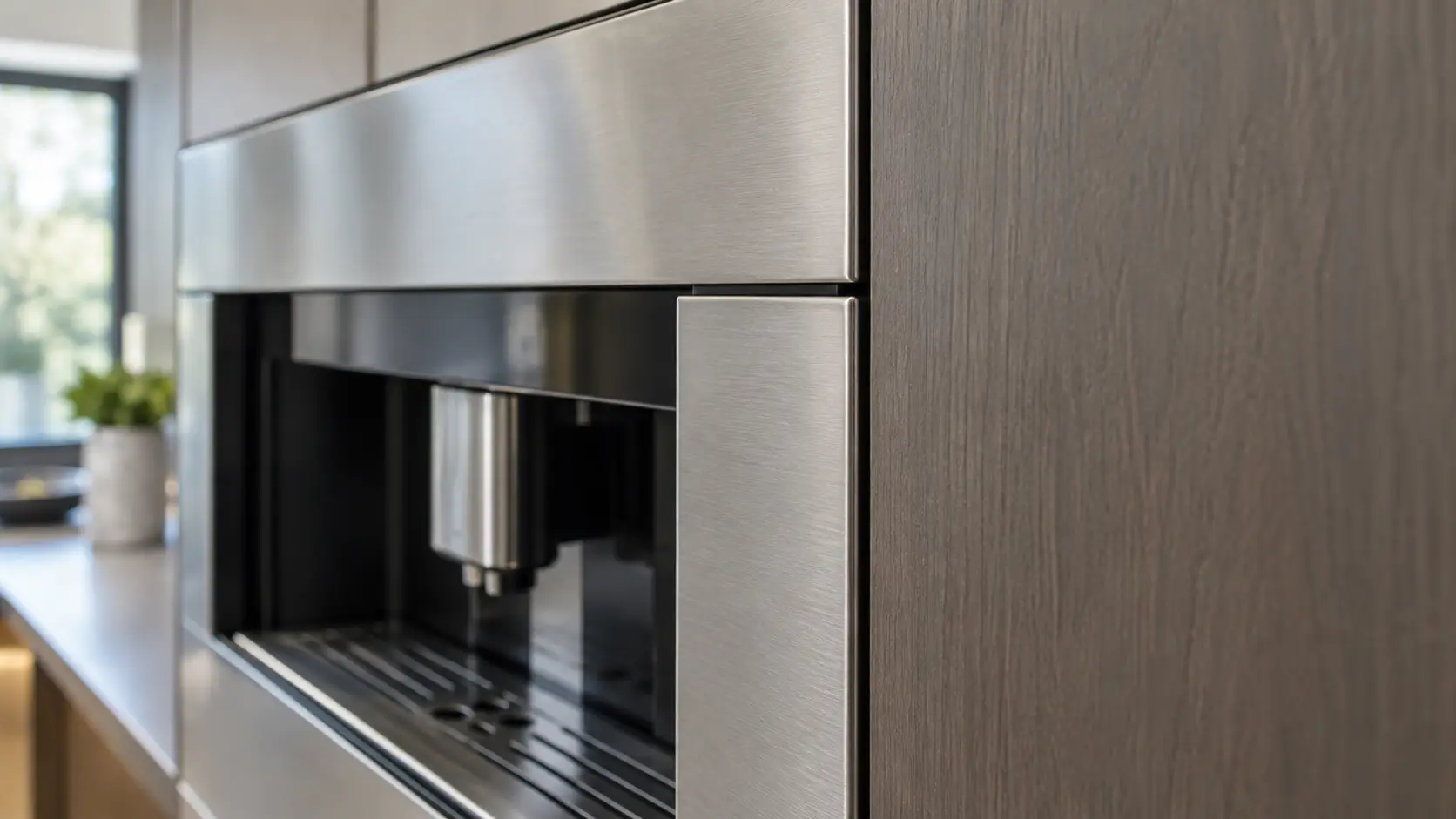 Close on the flush stainless edge of a built-in coffee machine meeting its tall cabinet.