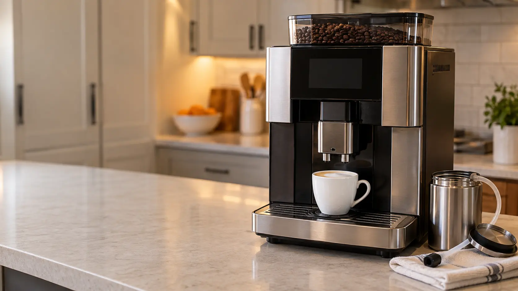A countertop bean-to-cup coffee machine on a light stone counter in a US home kitchen, a small stainless milk container with its lid lifted off and its clear intake tube laid on a folded towel beside the coffee machine, a plain white cup with a thin layer of milk foam under the spouts, display dark.