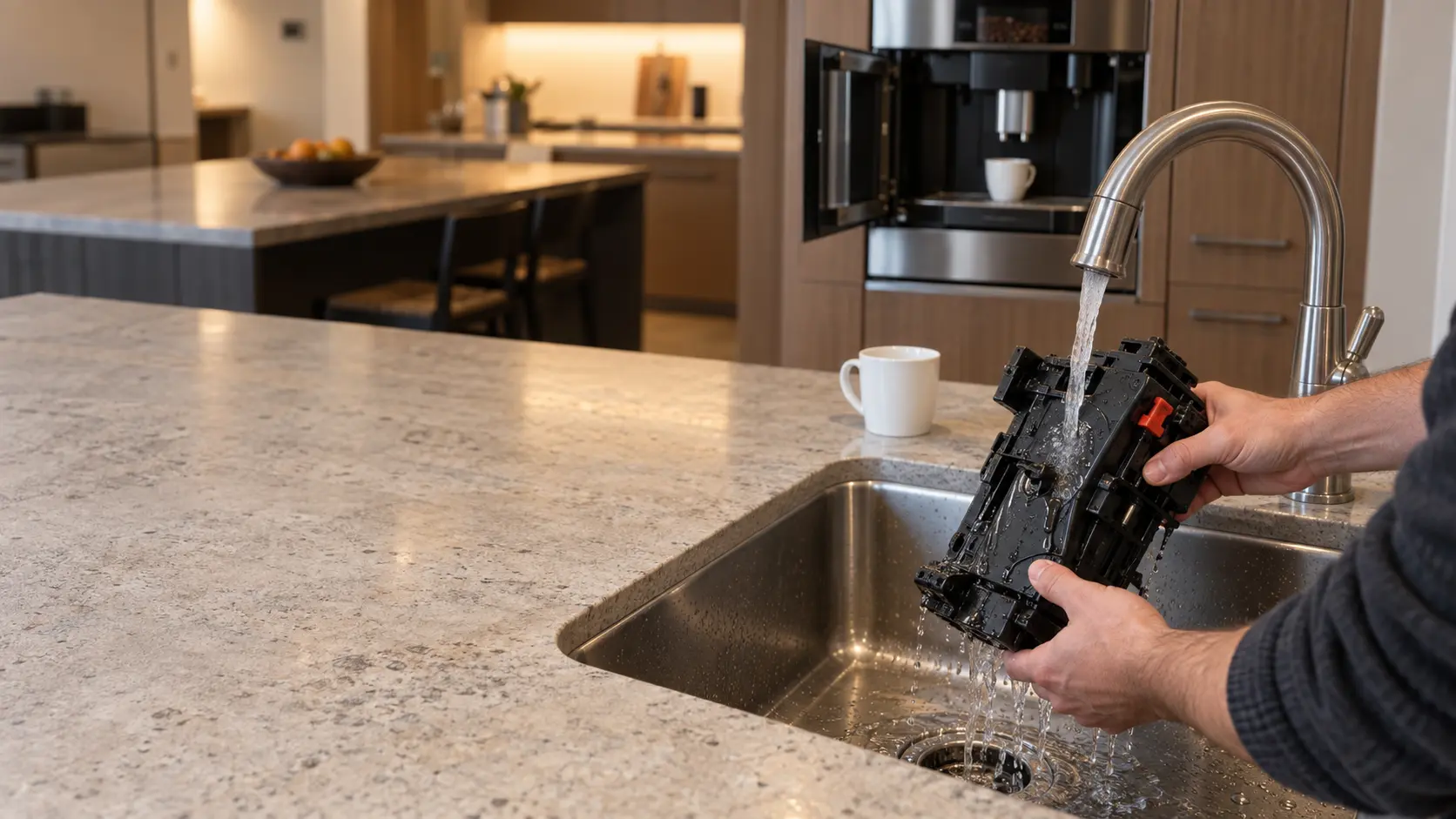 The removable brew unit of a coffee machine resting in a stainless kitchen sink under a gently running faucet in a US home, seen from above, a stainless built-in coffee machine visible in a tall cabinet behind the sink with its front door open and a plain white cup on the counter.