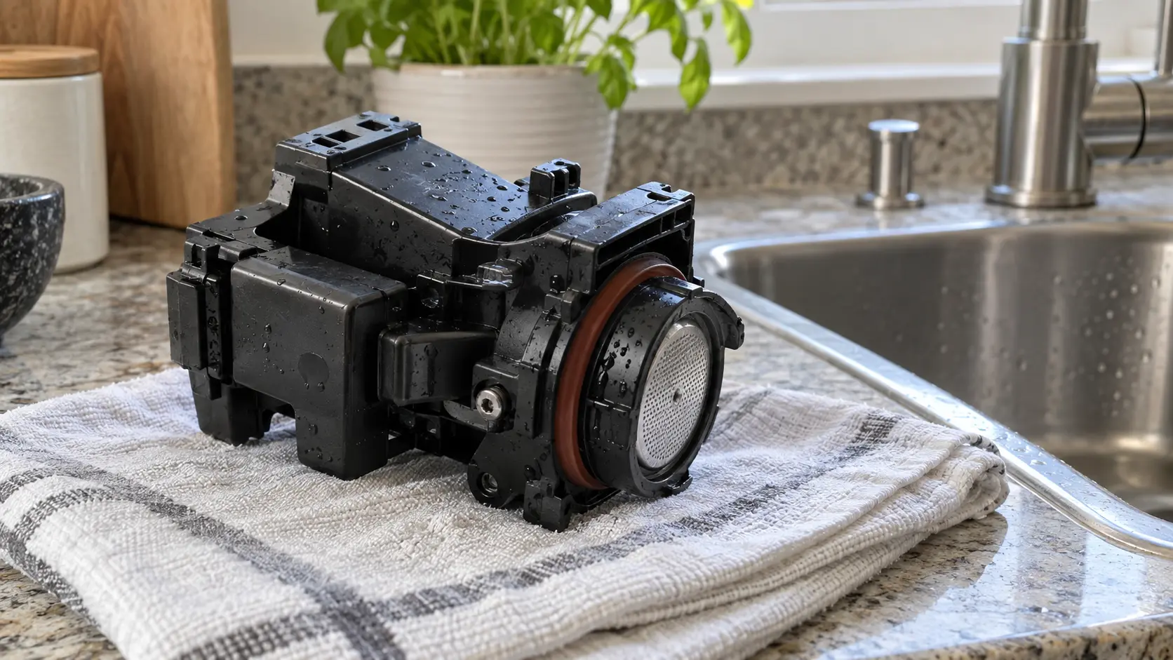 Close on a removed brew unit of a coffee machine drying on a towel beside the sink.
