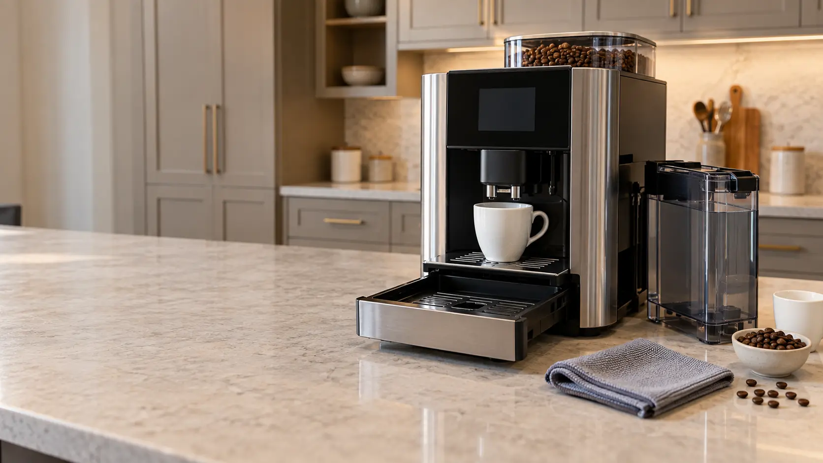 A countertop bean-to-cup coffee machine on a light stone kitchen counter with its drip tray pulled halfway out and emptied, the water tank lifted off and set beside the coffee machine, a folded dry cloth and a plain white cup nearby, even daylight, a dark display.