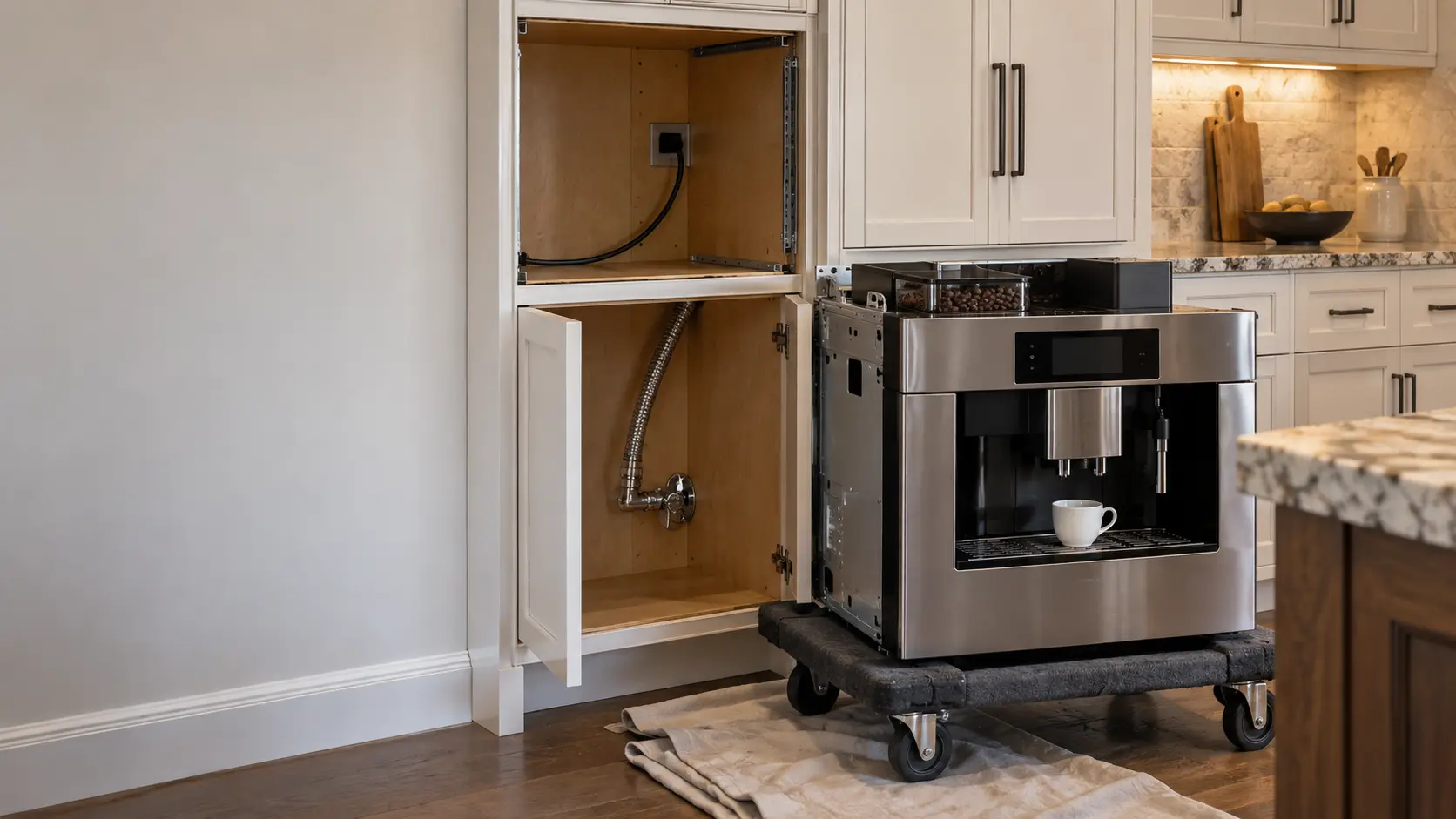 The open back of a tall kitchen cabinet in a US home, a stainless built-in coffee machine with its twin spouts and a plain white cup in front of them resting on a padded dolly beside the cabinet, a braided stainless supply hose and a small chrome quarter-turn shutoff valve visible in the base cabinet below the coffee machine's niche, a folded drop cloth on the floor.
