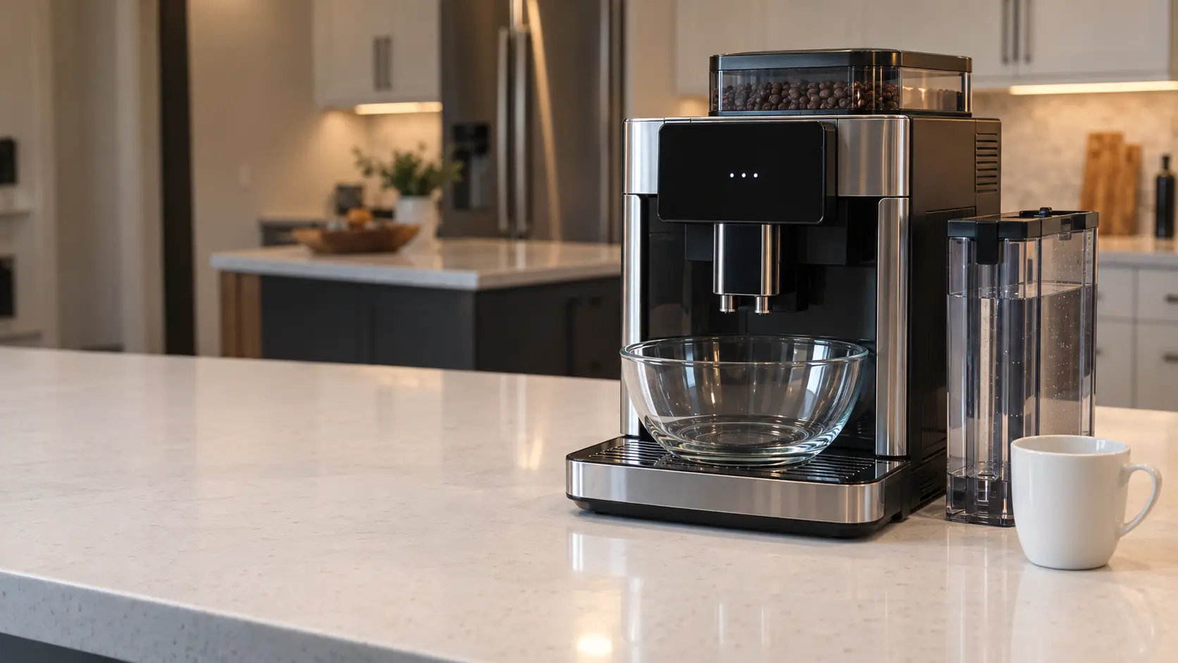 A countertop bean-to-cup coffee machine on a white quartz counter in a US home kitchen, its clear water tank lifted out and standing beside the coffee machine, a wide glass bowl set under the spouts on the drip tray and a plain white cup nearby, display showing only plain dots.