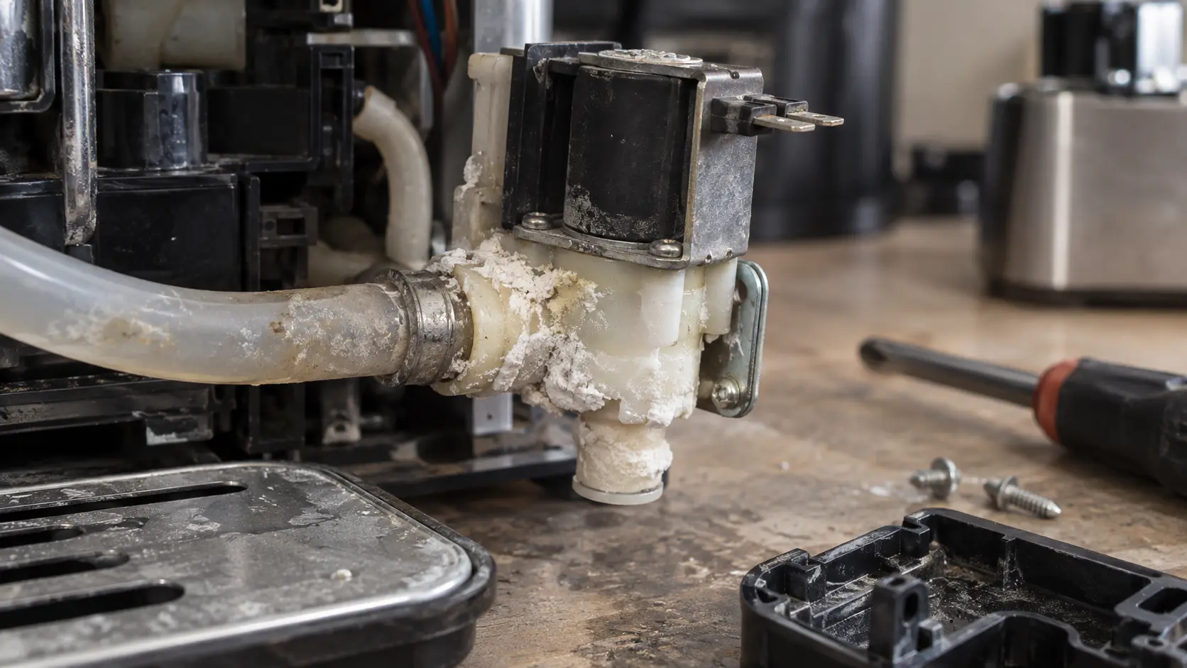 Close on white scale crusted around a water inlet valve from a coffee machine on a workbench.