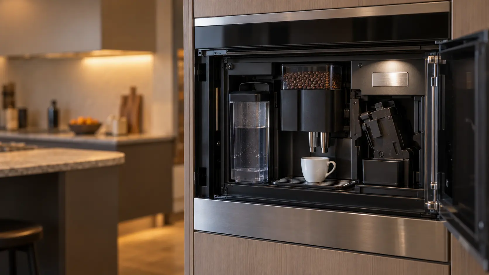 The open front door of a stainless built-in coffee machine set in a tall kitchen cabinet, showing the water tank, the bean hopper and the brew unit inside the coffee machine, a small blank metal plate on the inner frame lit by a flashlight beam.
