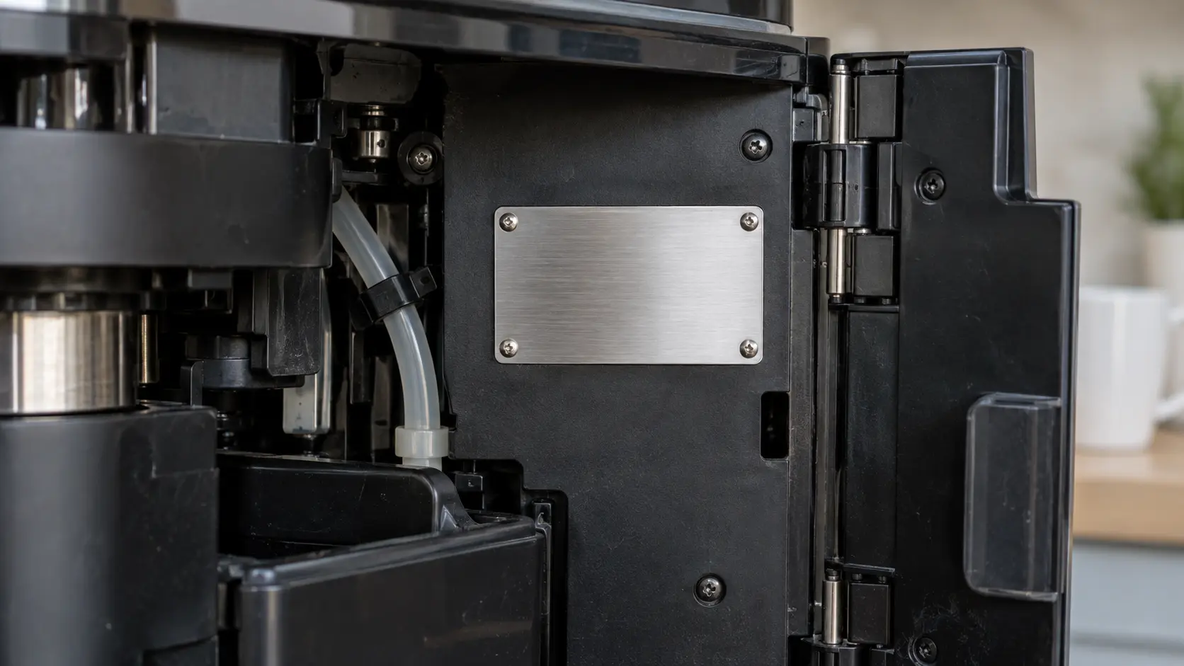 Close on a small blank metal plate with no characters inside the service door of a coffee machine.