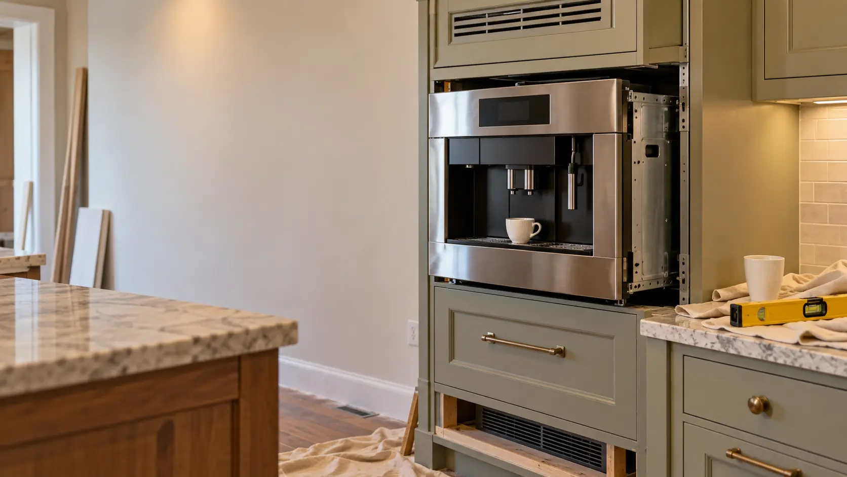A stainless built-in coffee machine sliding into its niche in a tall painted kitchen cabinet in a US home under renovation, the coffee machine's twin spouts and cup platform visible at the front with a plain white cup standing on the counter nearby, a ventilation grille at the top of the cabinet and a toe-kick opening below, a level and a folded drop cloth on the counter.