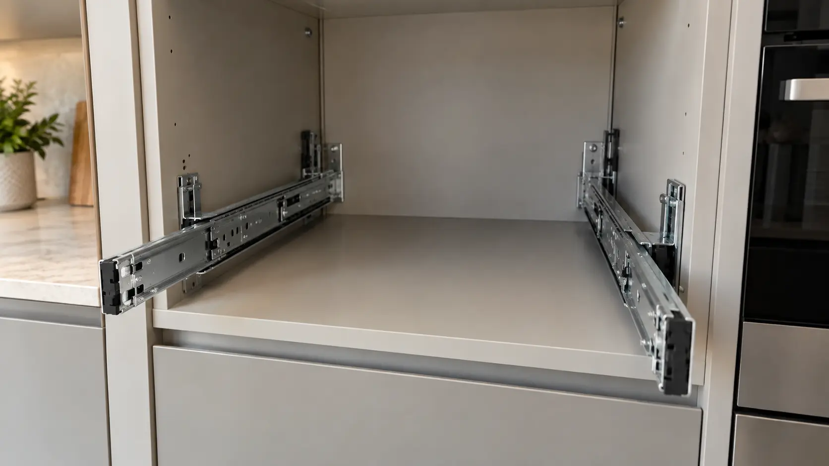 Close on the pull-out rails inside the empty tall cabinet opening for a built-in coffee machine.