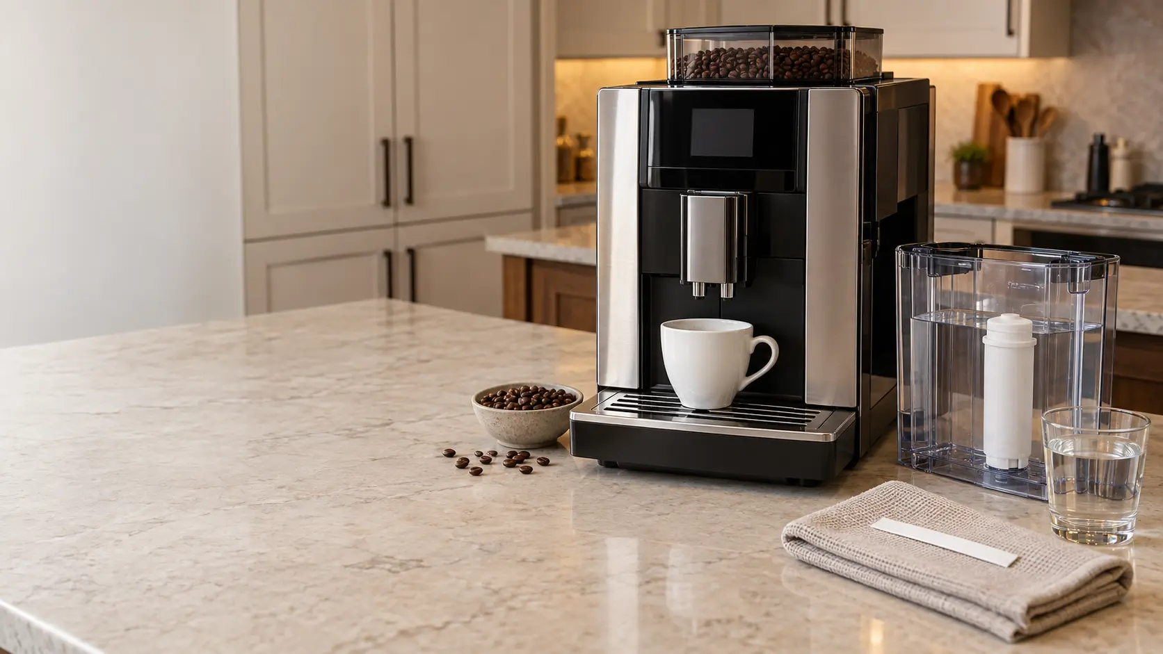 A countertop bean-to-cup coffee machine on a light stone counter in a US kitchen, its clear water tank lifted out and set beside the coffee machine with a plain white filter cartridge standing inside it, a small glass of tap water and a blank paper test strip lying on a folded towel, a dark display.