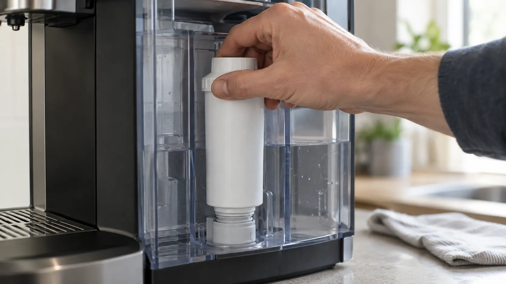 Close on a water filter cartridge being screwed into the tank of a coffee machine.