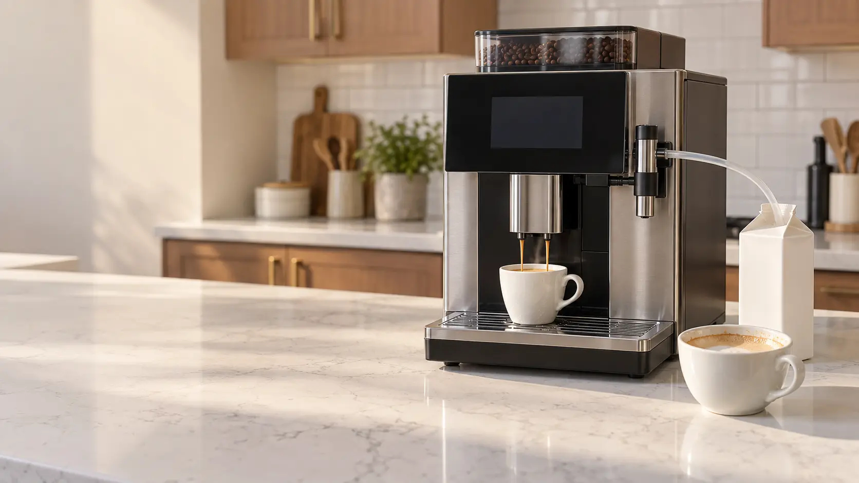 A countertop bean-to-cup coffee machine on a white stone counter in a sunny US kitchen, a clear milk tube running from the coffee machine's frother into an open plain white milk carton with no printing, a half-finished cappuccino in a plain cup beside it, a plain tiled wall behind, a dark display.