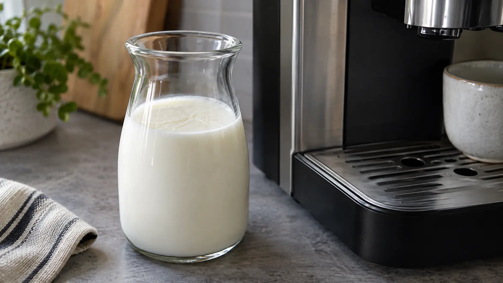 Close on a small glass milk container beside a coffee machine, a thin skin on the milk.
