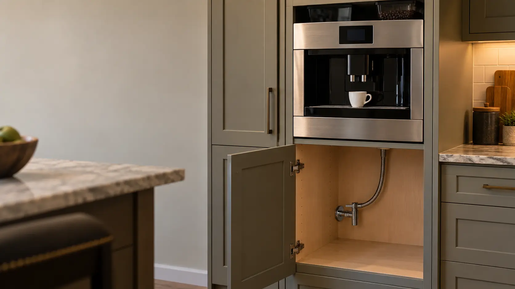 The open lower cabinet beside a tall kitchen column in a US home, a stainless built-in coffee machine flush in the column above with a plain white cup under its spouts, and below it a small quarter-turn shutoff valve with a braided hose running up toward the coffee machine, dry cabinet floor.