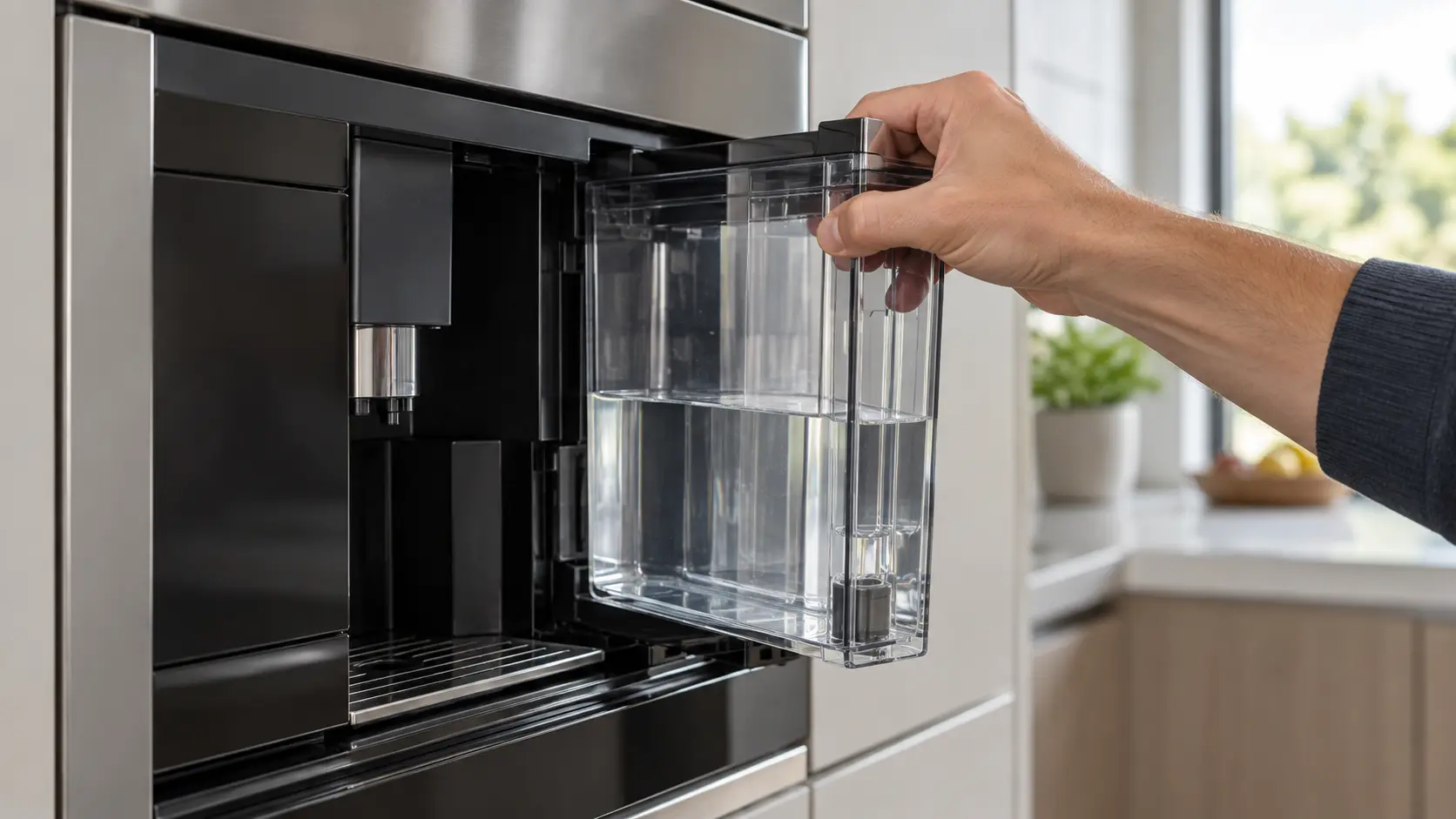 Close on the clear water tank lifted out of the front of a built-in coffee machine.
