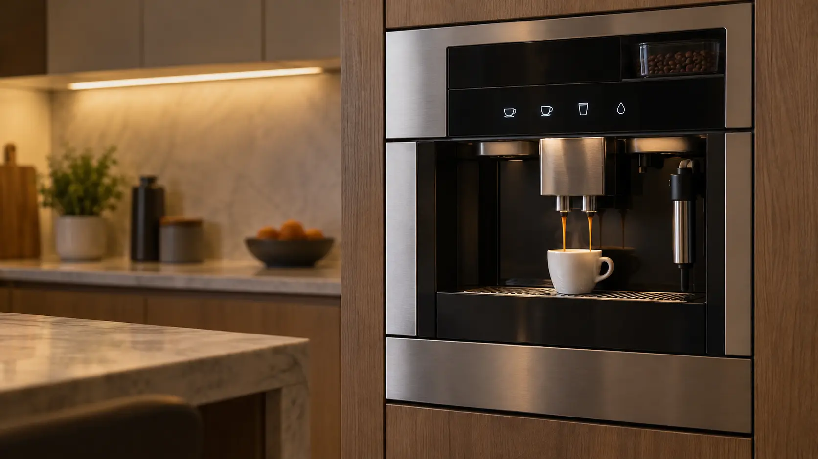 A close view of a stainless built-in coffee machine in a tall kitchen cabinet, its control panel lit with a plain row of simple icons and no readable words, a cup under the coffee machine spouts, the cabinet wood grain soft around the frame, calm evening light.
