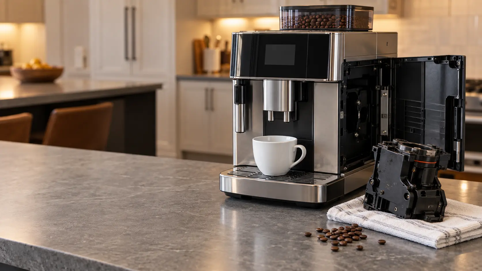 A countertop bean-to-cup coffee machine on a gray stone counter in a US home kitchen with its side service door open to show the empty brew-unit bay, the removable brew unit resting on a folded towel beside the coffee machine next to a plain white cup and a few scattered beans, display dark.